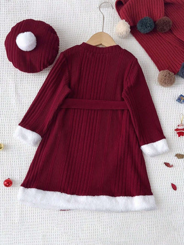 Young Girls Christmas Casual Long Sleeved Poinsettia Knitted Dress With Snowball Hat For Autumn & Winter