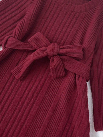 Young Girls Christmas Casual Long Sleeved Poinsettia Knitted Dress With Snowball Hat For Autumn & Winter