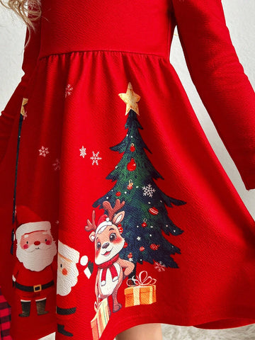 Young Girls Christmas Design Fitted Knit Crew Neck Dress,Red Positioning Print Dress,Red Dress,Girls Winter Clothes