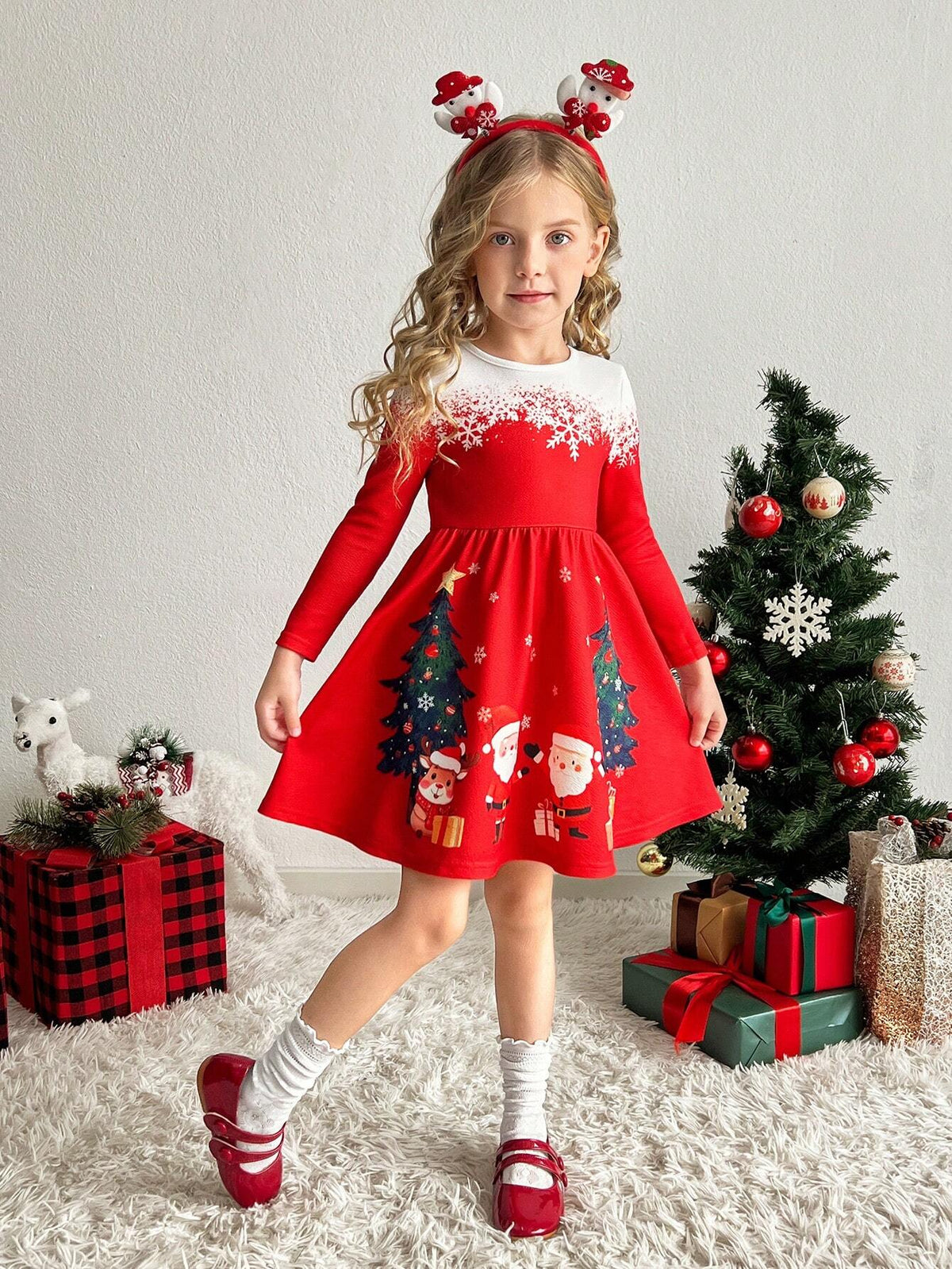 Young Girls Christmas Design Fitted Knit Crew Neck Dress,Red Positioning Print Dress,Red Dress,Girls Winter Clothes