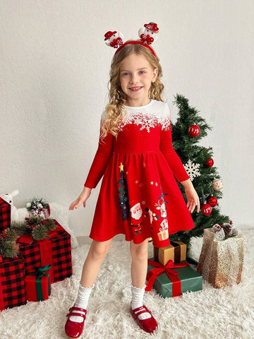 Young Girls Christmas Design Fitted Knit Crew Neck Dress,Red Positioning Print Dress,Red Dress,Girls Winter Clothes
