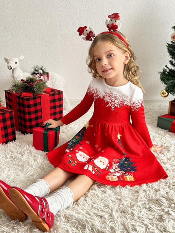 Young Girls Christmas Design Fitted Knit Crew Neck Dress,Red Positioning Print Dress,Red Dress,Girls Winter Clothes