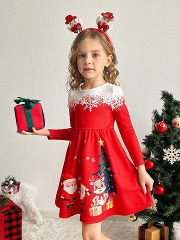 Young Girls Christmas Design Fitted Knit Crew Neck Dress,Red Positioning Print Dress,Red Dress,Girls Winter Clothes