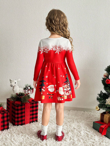 Young Girls Christmas Design Fitted Knit Crew Neck Dress,Red Positioning Print Dress,Red Dress,Girls Winter Clothes