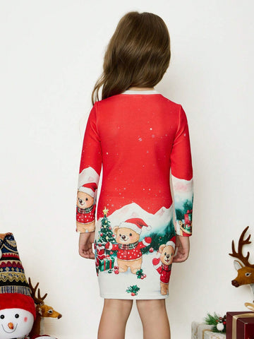 Young Girls Christmas Design Knit Crew Neck Bodycon Dress