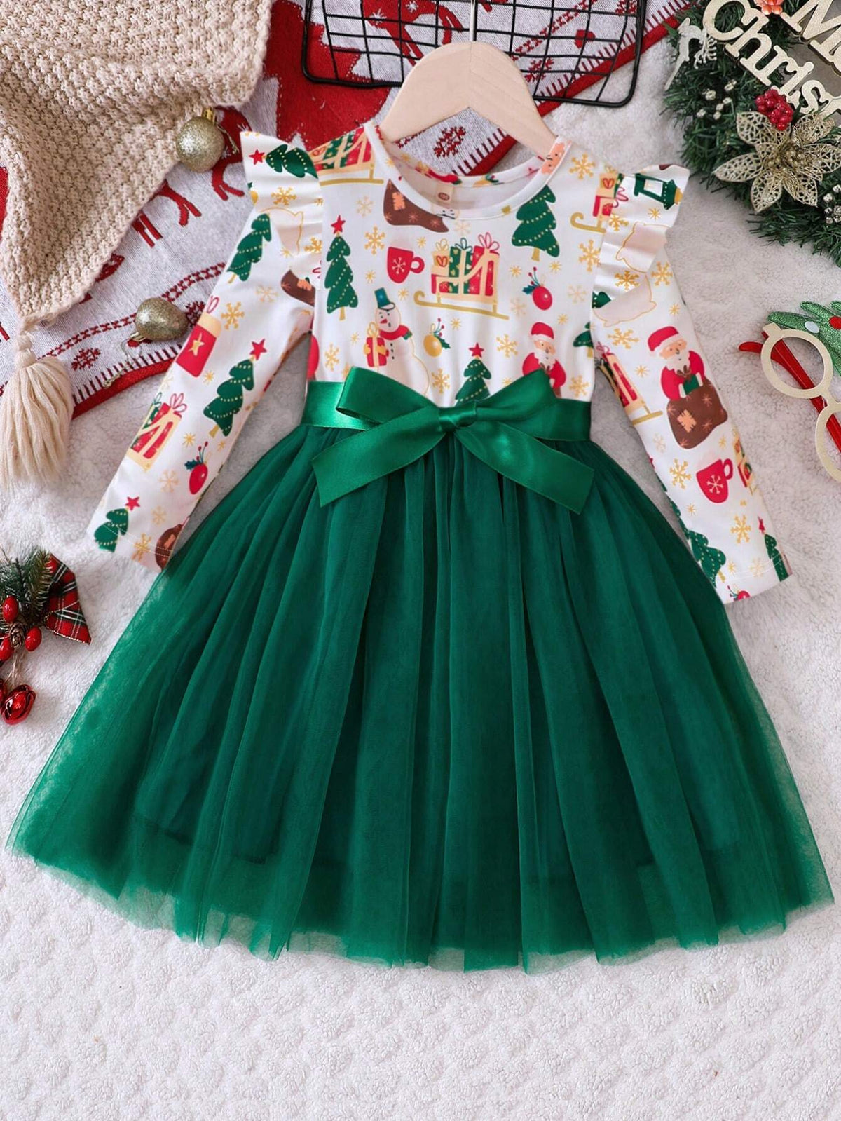 Young Girls Christmas Element Print Contrast Mesh Dress, Autumn/Winter