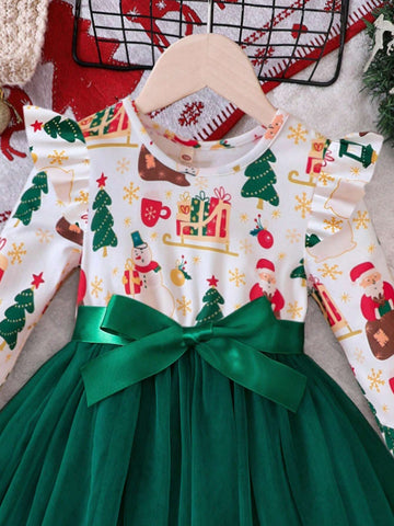 Young Girls Christmas Element Print Contrast Mesh Dress, Autumn/Winter