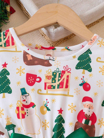 Young Girls Christmas Element Print Contrast Mesh Dress, Autumn/Winter