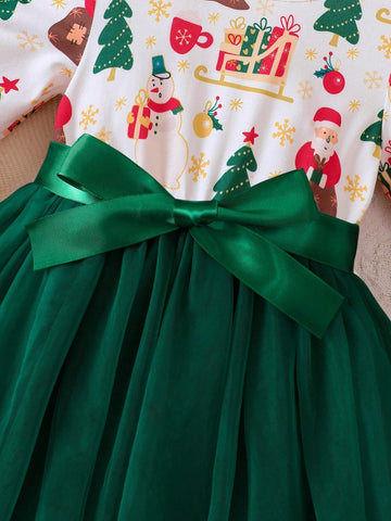 Young Girls Christmas Element Print Contrast Mesh Dress, Autumn/Winter