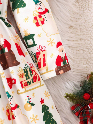 Young Girls Christmas Elements Cap Sleeve Long Sleeve Print Dress, Autumn/Winter