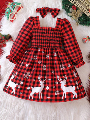Young Girls Christmas Elements Plaid Deer & Snowflake Print Dress, Autumn/Winter