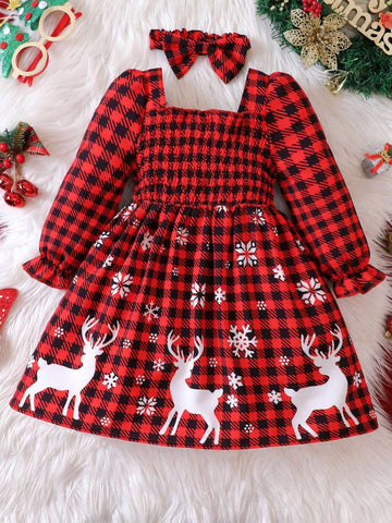 Young Girls Christmas Elements Plaid Deer & Snowflake Print Dress, Autumn/Winter