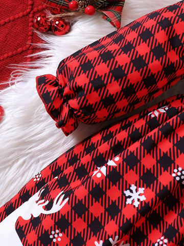 Young Girls Christmas Elements Plaid Deer & Snowflake Print Dress, Autumn/Winter