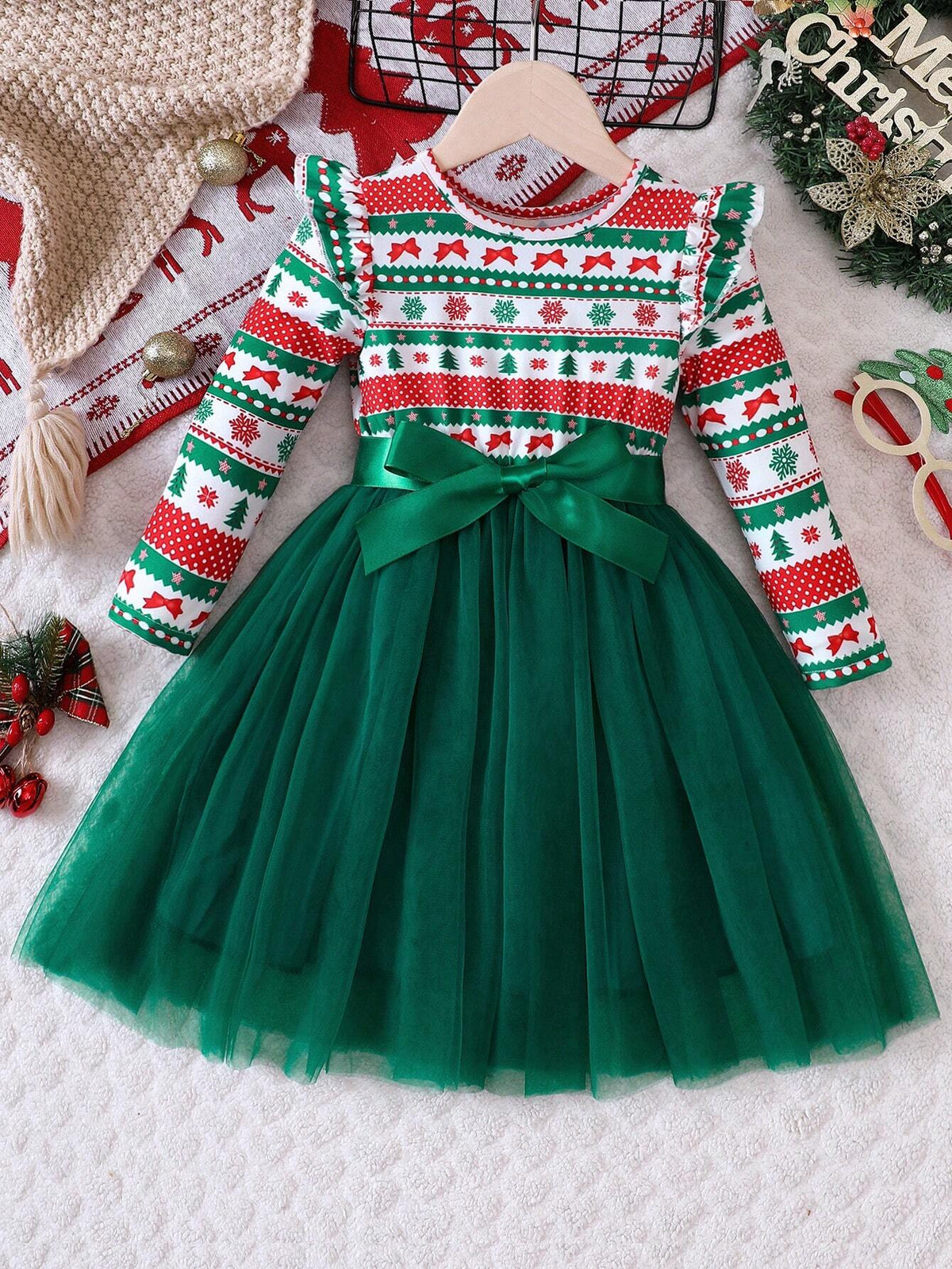 Young Girls Christmas Elements Print Contrast Mesh Dress, Autumn/Winter