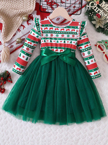 Young Girls Christmas Elements Print Contrast Mesh Dress, Autumn/Winter