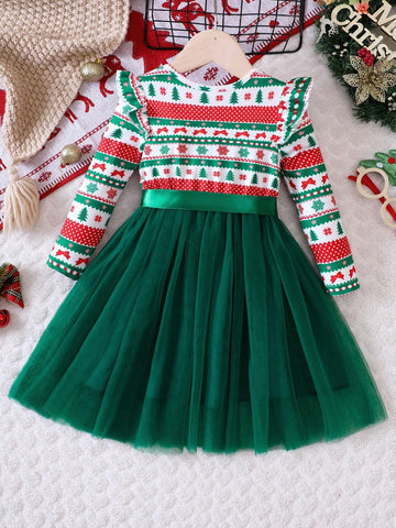 Young Girls Christmas Elements Print Contrast Mesh Dress, Autumn/Winter