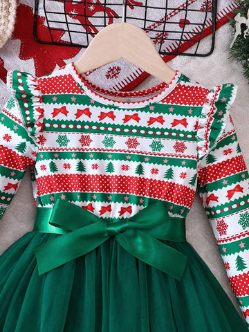 Young Girls Christmas Elements Print Contrast Mesh Dress, Autumn/Winter
