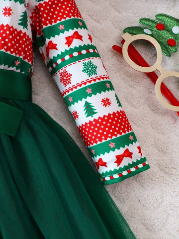 Young Girls Christmas Elements Print Contrast Mesh Dress, Autumn/Winter