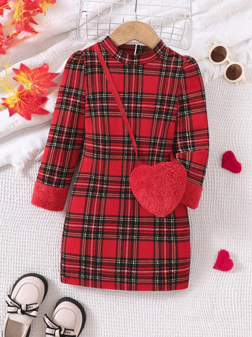 Young Girls Christmas Elements Red Plaid Patchwork Fluffy Sleeve Casual Dress With Heart-Shaped Plush Crossbody Bag For Autumn/Winter