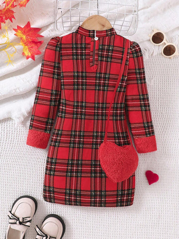 Young Girls Christmas Elements Red Plaid Patchwork Fluffy Sleeve Casual Dress With Heart-Shaped Plush Crossbody Bag For Autumn/Winter