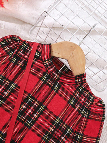 Young Girls Christmas Elements Red Plaid Patchwork Fluffy Sleeve Casual Dress With Heart-Shaped Plush Crossbody Bag For Autumn/Winter