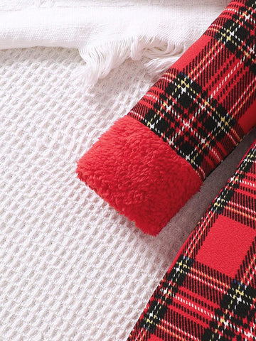 Young Girls Christmas Elements Red Plaid Patchwork Fluffy Sleeve Casual Dress With Heart-Shaped Plush Crossbody Bag For Autumn/Winter