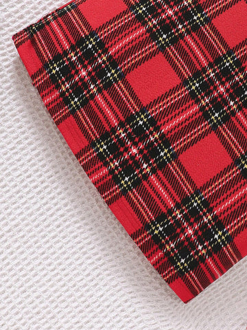Young Girls Christmas Elements Red Plaid Patchwork Fluffy Sleeve Casual Dress With Heart-Shaped Plush Crossbody Bag For Autumn/Winter