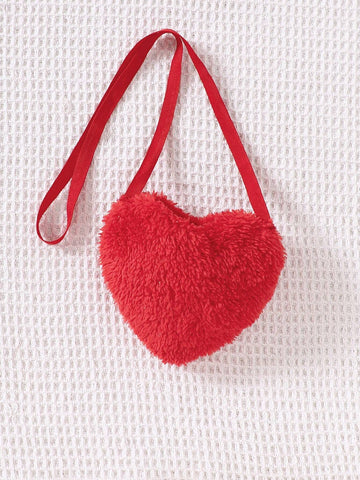 Young Girls Christmas Elements Red Plaid Patchwork Fluffy Sleeve Casual Dress With Heart-Shaped Plush Crossbody Bag For Autumn/Winter