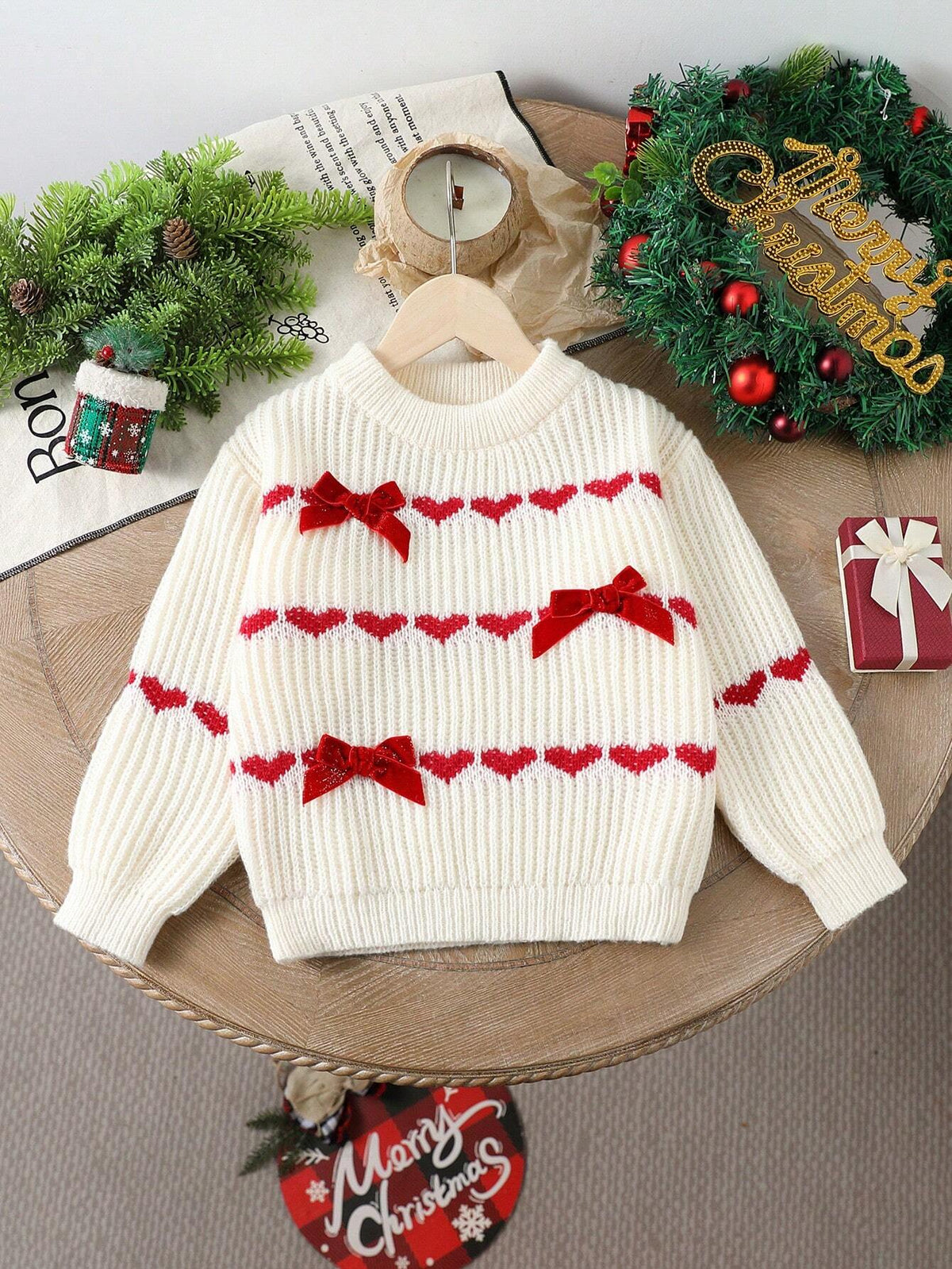 Young Girls' Christmas Knitted Sweater, Cute Bow & Heart Pattern Crew Neck Long Sleeve Pullover
