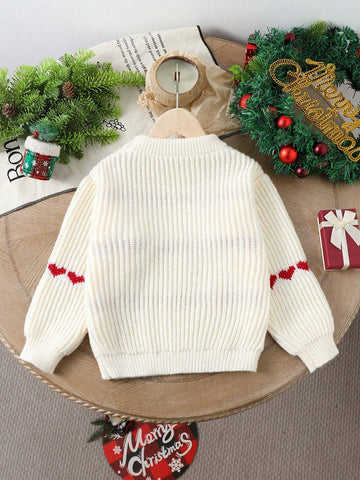 Young Girls' Christmas Knitted Sweater, Cute Bow & Heart Pattern Crew Neck Long Sleeve Pullover