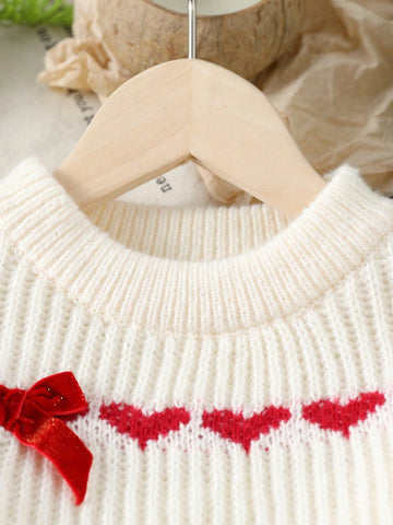 Young Girls' Christmas Knitted Sweater, Cute Bow & Heart Pattern Crew Neck Long Sleeve Pullover