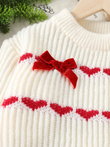 Young Girls' Christmas Knitted Sweater, Cute Bow & Heart Pattern Crew Neck Long Sleeve Pullover