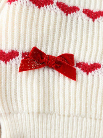 Young Girls' Christmas Knitted Sweater, Cute Bow & Heart Pattern Crew Neck Long Sleeve Pullover