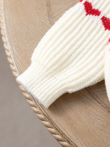 Young Girls' Christmas Knitted Sweater, Cute Bow & Heart Pattern Crew Neck Long Sleeve Pullover