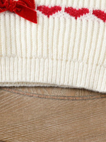 Young Girls' Christmas Knitted Sweater, Cute Bow & Heart Pattern Crew Neck Long Sleeve Pullover