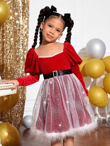 Young Girl's Christmas Party Fitted A-Line Mesh Velvet Faux Fur Trim Balloon Sleeve Dress With Belt
