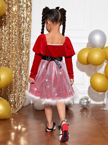 Young Girl's Christmas Party Fitted A-Line Mesh Velvet Faux Fur Trim Balloon Sleeve Dress With Belt