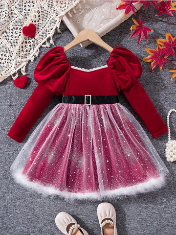 Young Girl's Christmas Party Fitted A-Line Mesh Velvet Faux Fur Trim Balloon Sleeve Dress With Belt