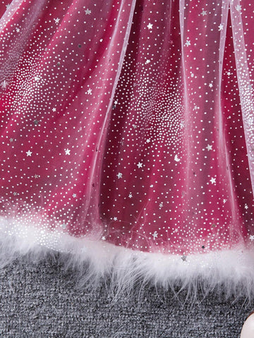 Young Girl's Christmas Party Fitted A-Line Mesh Velvet Faux Fur Trim Balloon Sleeve Dress With Belt
