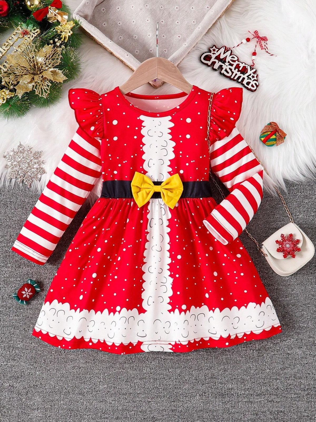 Young Girls' Christmas Polka Dot, Bow, Cap Sleeve & Striped Long Sleeve Dress