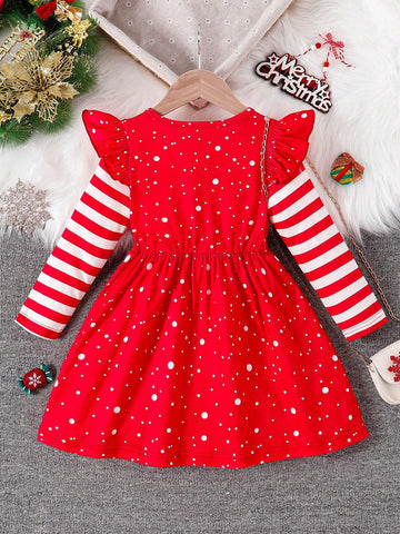 Young Girls' Christmas Polka Dot, Bow, Cap Sleeve & Striped Long Sleeve Dress