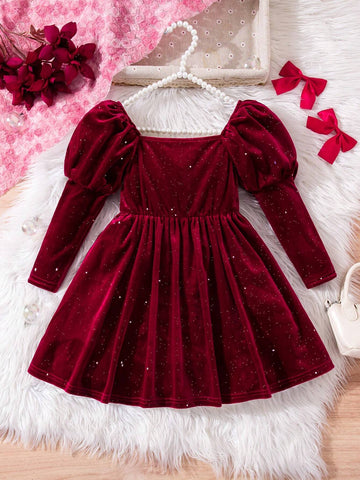 Young Girls' Christmas Puff Sleeve Square Neck Long Sleeve Dress