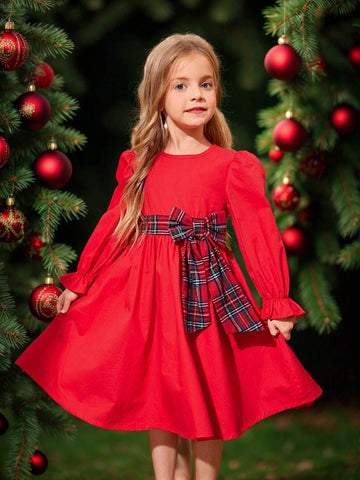 Young Girls Christmas Red Puffed Sleeves With Broken Waist, Detachable Red Check Big Bow Design Dress