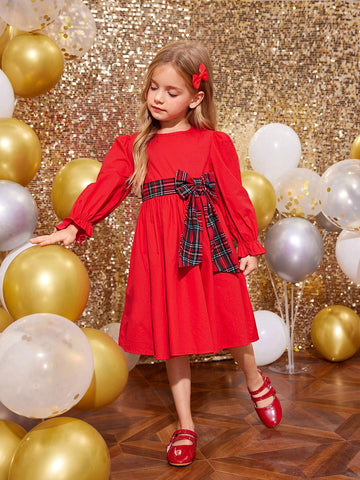 Young Girls Christmas Red Puffed Sleeves With Broken Waist, Detachable Red Check Big Bow Design Dress
