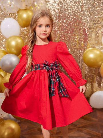 Young Girls Christmas Red Puffed Sleeves With Broken Waist, Detachable Red Check Big Bow Design Dress