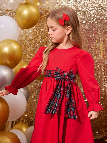 Young Girls Christmas Red Puffed Sleeves With Broken Waist, Detachable Red Check Big Bow Design Dress
