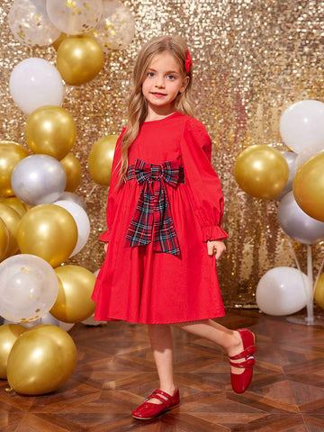 Young Girls Christmas Red Puffed Sleeves With Broken Waist, Detachable Red Check Big Bow Design Dress