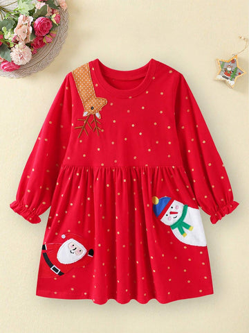Young Girls Christmas Retro Cotton Long Red Dress, Casual & Comfortable Cartoon Santa Claus Pattern Dress For Autumn/Winter