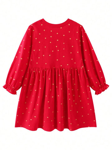 Young Girls Christmas Retro Cotton Long Red Dress, Casual & Comfortable Cartoon Santa Claus Pattern Dress For Autumn/Winter