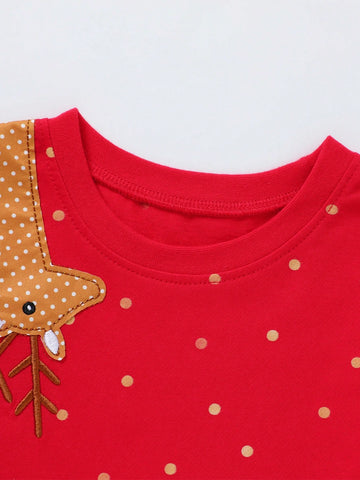 Young Girls Christmas Retro Cotton Long Red Dress, Casual & Comfortable Cartoon Santa Claus Pattern Dress For Autumn/Winter